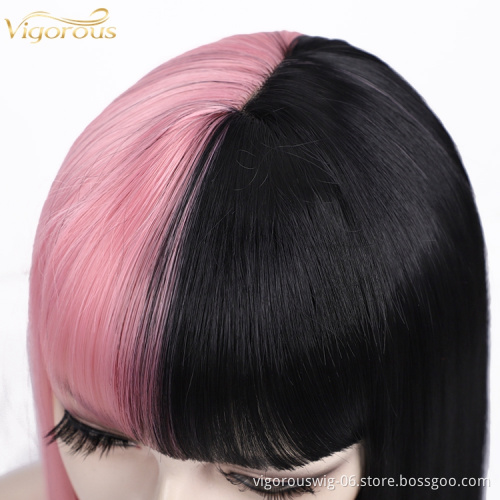 Black And Pink Girl's Colorful Hair Short Straight Wave Wigs With Bangs For Women Synthetic None Lace Bob Wig Shoulder Length